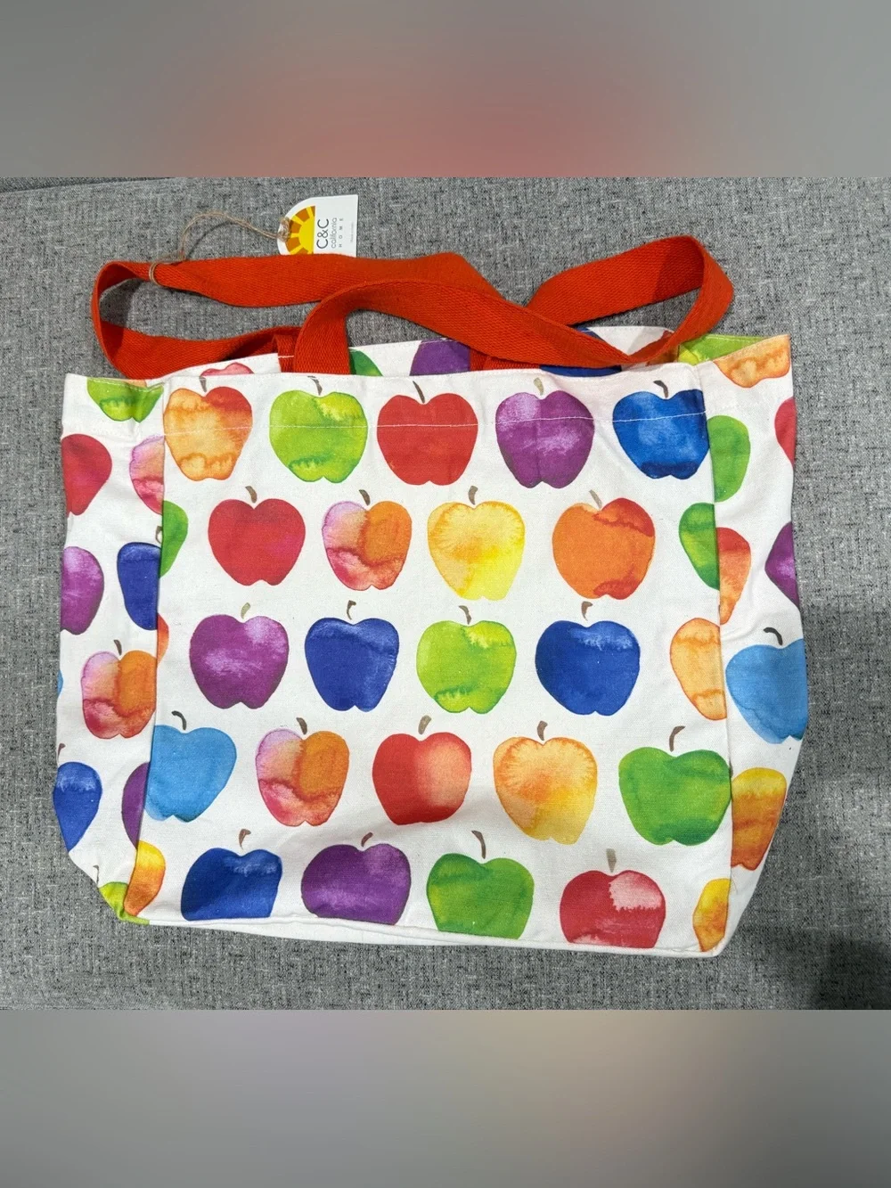 C&C California Rainbow Apple Cotton Print Tote with Orange Handles 21x16
